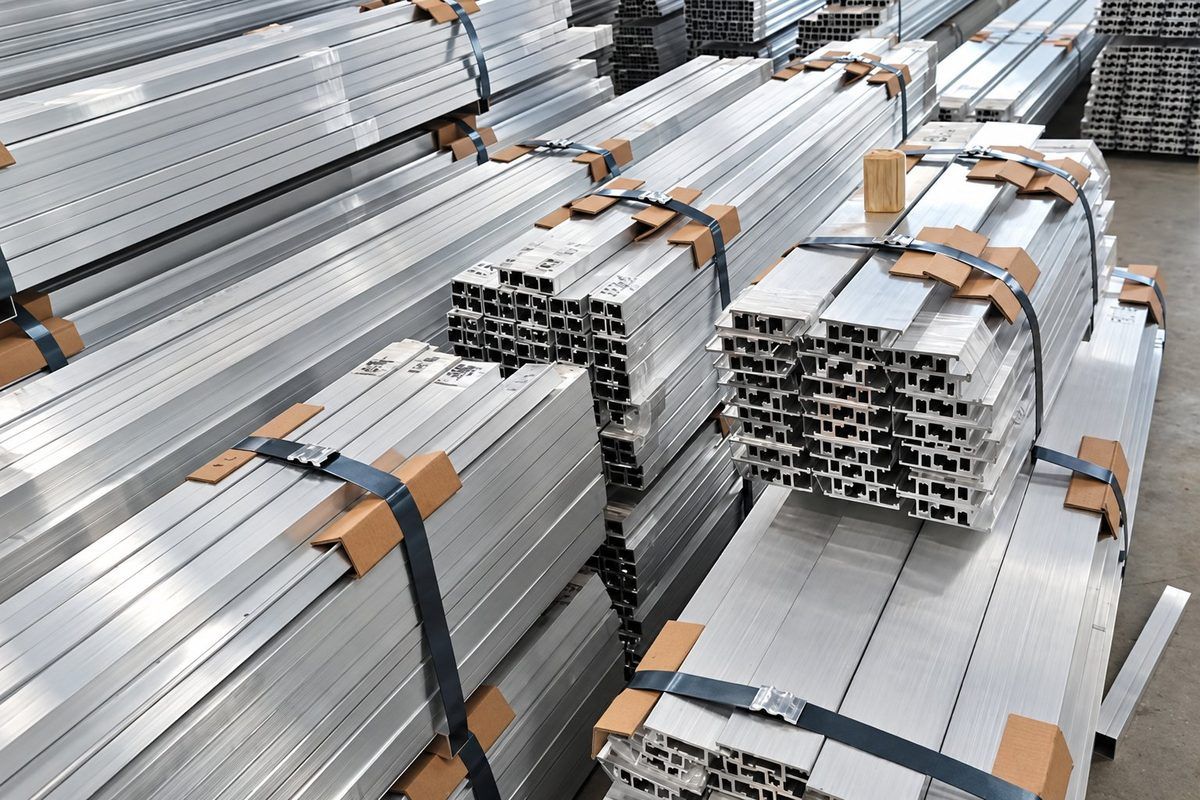 Extruded aluminium channel bundles strapped with corner protectors