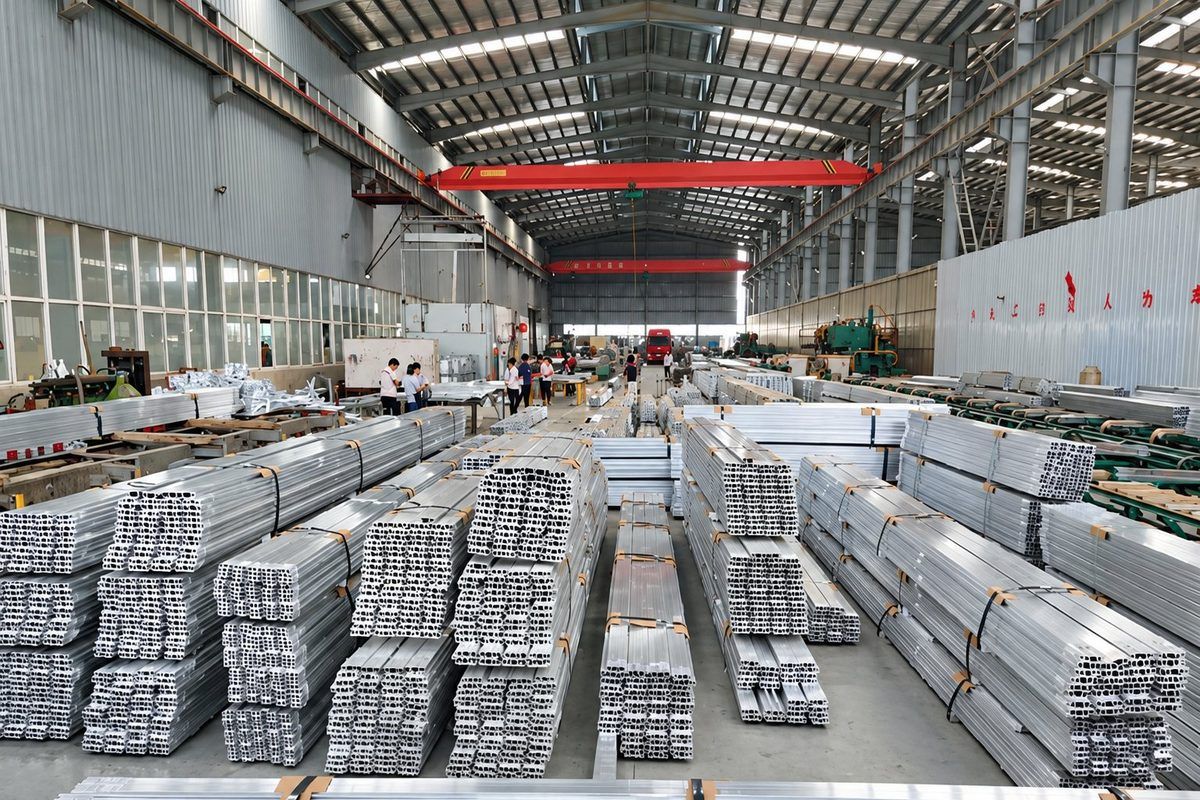 Bundled aluminium profiles stacked across the extrusion hall floor