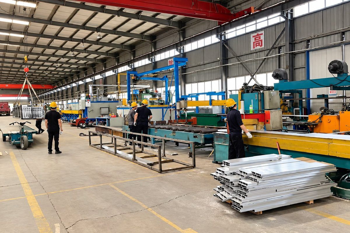Extrusion press and runout table in operation