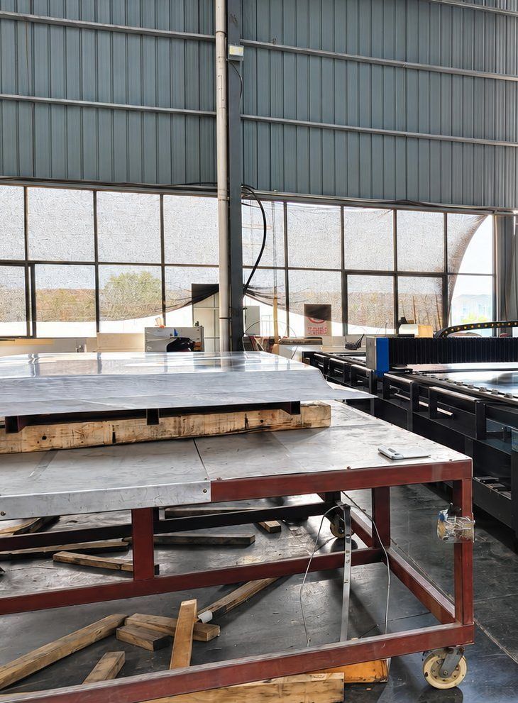 Fibre laser bed cutting aluminium sheet to a DXF outline