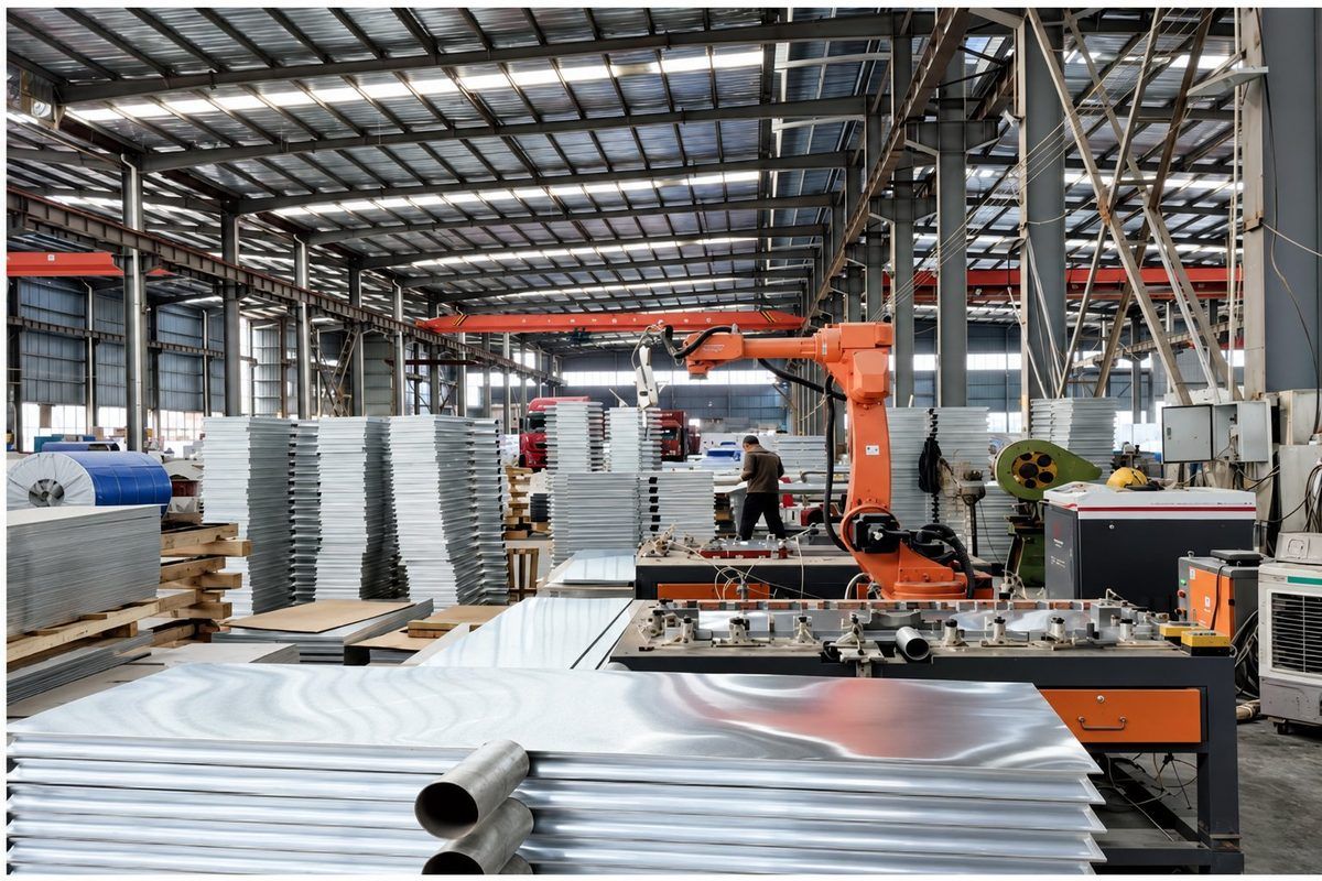 Robotic laser cell working in front of a stack of aluminium sheet