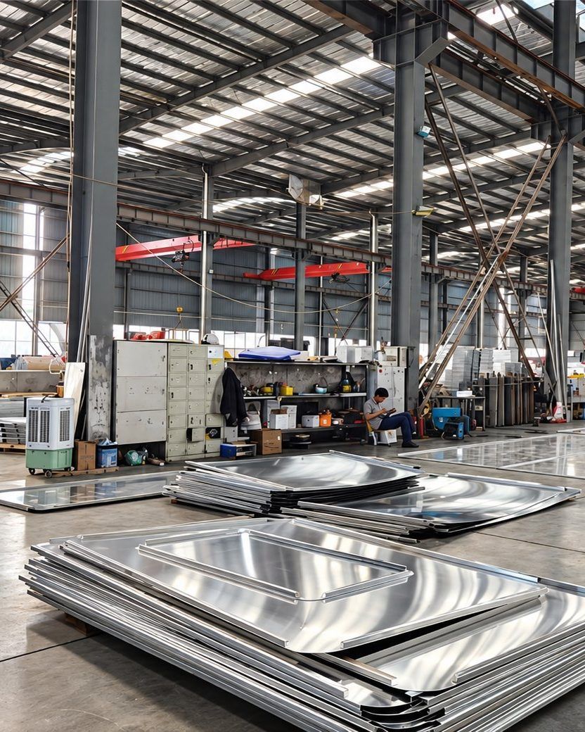 Cut aluminium sheet and blanked panels stacked in the LUYA Aluminium works at Gongyi